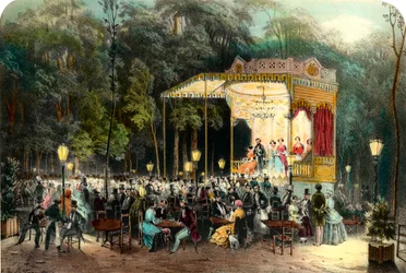 O Cafe des Ambassadeurs aux Champs Elysees Engraving de 1853 Coleção particular