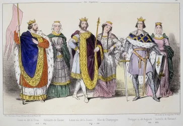 Os Capetians. Da esquerda para a direita: Luís VI diz o Gros (1081 - 1137), Adelaide ou Alix de Savoie (? -1154), Luís VII diz os jovens (1120 - 1180), Alix de Champagne (1140-1206), Filipe II diz Augustus (1165-1223) e Isabelle de Hainaut (1170-1190).