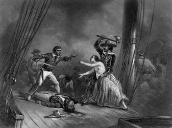 O pirata caribenho Morgan rapta o belo espanhol. in "Histoire générale de la marine" de Van Tenac