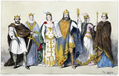 Os Carolíngios: Pepin the Brief (715-768) e Bertrade de Laon (Berthe aux grand pieds) (720-783), Charles I dit Charlemagne (742-814) e Hildegarde de Vintzgau (758-783), Louis I dit the Pieux ou o Debonnaire (778-840) e Ermengarde de Hesbaye (ca.