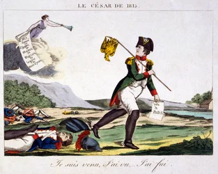 O César de 1815 - Vim, vi... fugi. Caricatura sobre Napoleão I a fugir do campo de batalha onde estão espalhados os soldados franceses mortos. Gravura 1815 - Napoleão Bonaparte (15 de agosto de 1769 - 5 de maio de 1821) foi um líder militar e político