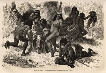 Os índios Chunchos agrediram a equipe de Marcoy, no vale de Caravaya (Cordilheira dos Andes), mas esta última não tinha nada para voar, os índios se divertiram despindo os exploradores e os inventando com sementes de rockoo. Engravure pour illustrrer le vo