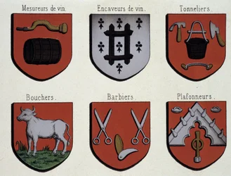 Os Brasões de Gand (Espécime dos Brasões de Armas da Idade Média): Medidores de Vinho, Cavernas de Vinho, Tanoeiro, Açougueiros, Barbeiros, Ladrilhadores