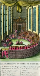 O Conselho de Trento. Ilustração com a descrição dos membros presentes na assembléia. O Concílio de Trento foi convocado pelo Papa Paulo III (representante da Igreja Católica Romana) em 1545, em resposta aos pedidos feitos por Martinho Lutero na f
