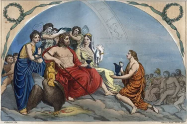 O conselho dos deuses ou Assembleia dos deuses: Zeus no Olimpo rodeado por divindades - gravura do Olimpo de «Usi e Costumi di Tutti i Popoli dell