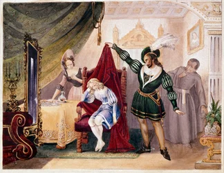 O Conde avançou para Suzanne enquanto Cherubin estava escondido na cadeira, desde O Casamento de Figaro por Mozart (gravação)