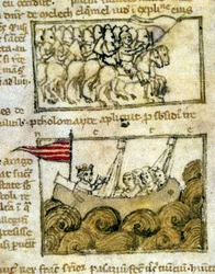 Os Cruzados a viajar para a Terra Santa. De "Peregrinationem in Terram Sanctam". Manuscrito do século XII. Biblioteca Marciana, Veneza.