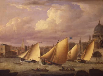 A frota de Cumberland correndo acima da ponte de Londres, 1782