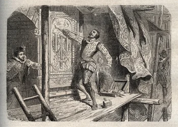 A Morte de Jean Goujon (1510-1562 ou 1569), morreu segundo uma lenda em 1572, durante o Saint Barthelemy - gravura em "Dictionnaire populaire illustrious" - 1864 - de Joseph Decembre e Edmond Allonier -
