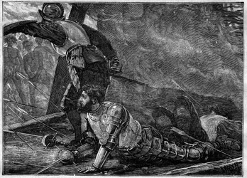 A Morte de Juan de La Cosa - Morte de Juan de la Cosa (1460-1510) cartógrafo, conquistador e explorador espanhol em Cartagena, Colômbia - gravura de 1887