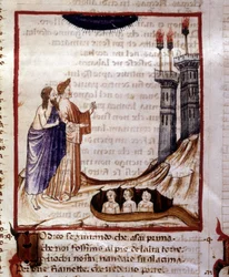 A Divina Comédia de Dante Alighieri. O inferno. Miniatura retratando a cidade de Dity. Manuscrito do século XIV. Bíblia Municipal de Rimini.