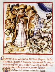 A Divina Comédia de Dante Alighieri. Miniatura retratando Dante, Virgil e os três animais. Manuscrito do século XIV. Bíblia Municipal de Rimini.