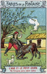 O Burro e o Cão Pequeno - Fábulas de Jean de La Fontaine (1621-95) Cromolitografia do final do século XIX Coleção particular