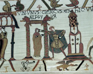 O Duque da Normandia Guilherme o Conquistador (1027-1087) promete sua filha Aelfgyve a Harold em casamento na Baixa esquerda, representação de um homem nu. Detalhe da Tapeçaria Bayeux ou Bordado da Rainha Mathilde