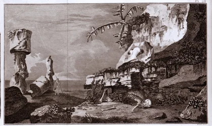 A Ilha de Páscoa (Rapa Nui) na Polinésia após o "Viaggi del Capitano Cook", gravura do século XIX.