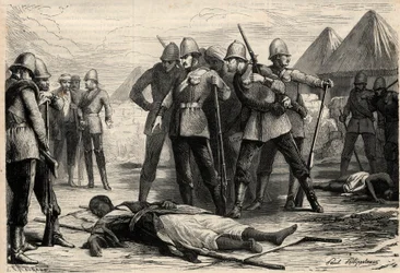 O Imperador (negus) da Etiópia Theodoros II (Tewodros) morreu em 13 de abril de 1868, após a captura de Magdala pelos ingleses, onde o negus tinha recuado. Gravura em "L