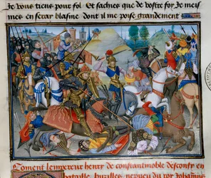 O Imperador de Constantinopla Henrique I de Flanders Hainaut (1177-1216) durante uma batalha. Miniatura de "Chronicle abregee" de David Aubert