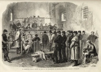 A Insurreição Feniana, Inquérito ao Sr. Cleary no Tribunal de Kilmallock - 1867 - Um julgamento de Fenians no Tribunal de Kilmallock na Irlanda - 1867 - gravura de "The Illustrous Universe" de 1867