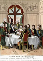 O Imperador francês Napoleão I em Tilssit recebendo o Imperador da Rússia, o Príncipe Constantino, o Rei da Prússia, sua esposa, o Príncipe Henrique e o Grão-Duque de Bert, faz um brinde à saúde da Rainha da Prússia. Gravura do início do século XIX