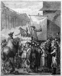 O charlatão francês no século XVIII. Gravura em "Le XVIIIème siècle: mores, usages et costumes" de Paul Lacroix.