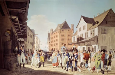 As tropas francesas do 24º Regimento de Infantaria deixam Frankfurt com o General Augereau Engraving de 1808 Frankfurt, museu histórico