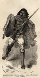 O Jogo, ou corajoso tem três cabelos, soldado abissiniano de armas. Engravure pour illustrrer le voyage en Abyssinie, en 1862 by Guillaume Lejean, in "Le tour du monde, nouveau journal des voyages" publicado sob a direcção de Edouard Charton