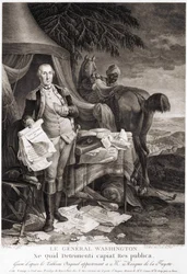 O General Washington (1732 - 1799), gravado após a pintura original pertencente ao Marquês de la Fayette.
