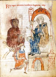 O imperador germânico Henri IV (1050 - 1106) em vestido penitente implora o perdão do Papa Gregório VII (Hildebrand: 1015/20 - 1085) que se refugiou no castelo da Condessa Mathilda da Toscana (1046 - 1115) em Canossa. 25 - 28 de janeiro