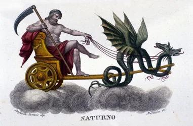 O deus Saturno (ou Cronos) num carro puxado por dois dragões. Segundo uma ilustração de Raffaello Sanzio. Gravura do século XIX.
