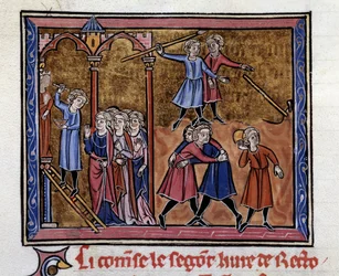 O artista grego Zeuxis (século V AC) esculpe uma estátua de Juno diante de jovens que brincam e lutam em miniatura a partir do manuscrito "Retórica" de Marcus Tullius Ciceron (106-43 AC) traduzido por João de Antioquia
