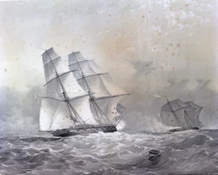 O brigantino HMS Acorn de 16 armas perseguindo o Negrier Gabriel