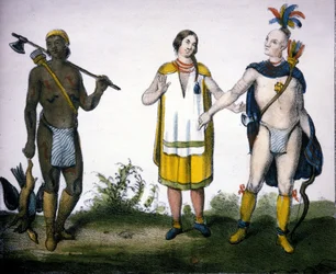 Os índios do Canadá: uma caçadora (Acadiana), uma mulher e uma guerreira. litografia da "Galleria Universale di tutti i popoli del mondo", Milão