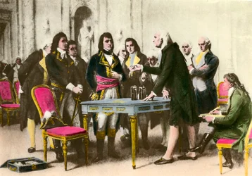 O físico italiano Alessandro (Alexandre) Volta (1745-1827) apresenta a sua pilha a Napoleão Bonaparte. 1801 Coleção particular
