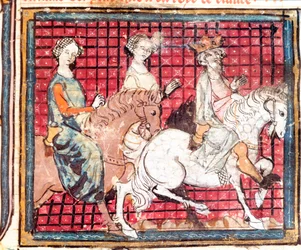 O Rei dos Francos Chilperic I (543-597) e Fredegonde um cavalo Miniatura de "Grandes Crônicas da França" 1375-1379 Biblioteca Municipal, Castres