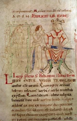 A Justiça do Rei Entre 1098 e 1109 Uma coroa de reis sentada num trono e segurando uma espada, ao lado de uma cena de enforcamento. Página retirada de um manuscrito "Comentários de São Jerônimo".