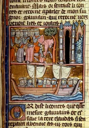 Os Cavaleiros partiram para a Cruzada. Miniatura tirada de "La quete du Holy Grail et la mort du roi Arthur" de Robert De Borron (ou Boron) (1147-1170) Por volta de 1280 Paris, B.N.