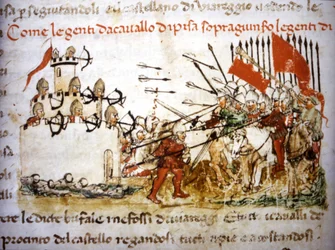 Os cavaleiros de Pisa venceram a infantaria de Lucca em 1397 - nas «Croniche del Sercambi», cerca de 1400. Arquivo Estatal, Lucca.