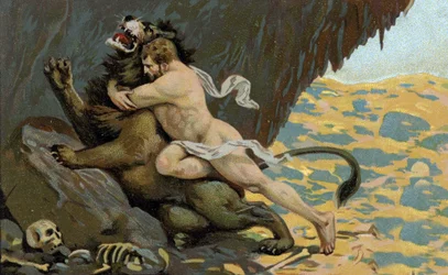 Os Trabalhos de Hércules: Hércules e o Leão de Nemee, início do século XX (cromo)