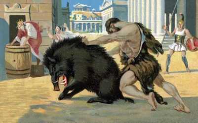 Os Trabalhos de Hércules: Hércules e o javali, início do século XX (cromo)