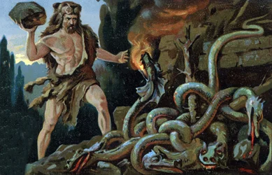 Os Trabalhos de Hércules: Hércules mata a Hidra de Lerne, início do século XX (cromo)
