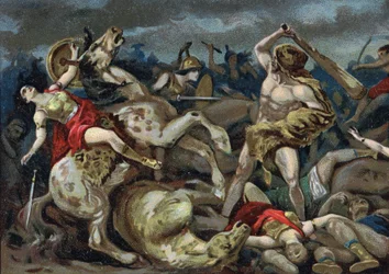 Os Trabalhos de Hércules: Hércules pega no cinto de Hipólito, início do século XX (cromo)