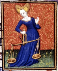 A Libra. Miniatura de um horóscopo. Manuscrito do século XV. Bíblia. Trivulziana, Milão.