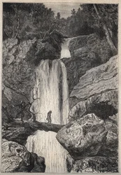 A queda de água de Linklater - ilustração do século XIX para o romance histórico "Os Puritanos da Escócia" (Old Mortality) de Walter Scott (1771-1832)