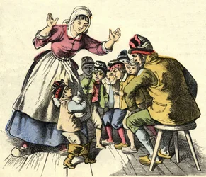 O Little Poulet e os seus irmãos vão para casa dos pais. Ilustração do conto "Le Pepetit Poucet", de Charles Perrault