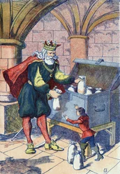 O Pequeno Poulet é recompensado pelo Rei. Ilustração para "Le Pepetit poucet", conto de Charles Perrault (1628-1703), escritor francês. Ilustração anônima. Imagery Marcel Vagne, Jarville Nancy, sem data (final do século XIX).