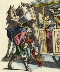 O marquês de Carabás cumprimenta o rei e a princesa na sua carruagem. Ilustração do conto «O Gato das Botas» de Charles Perrault