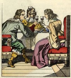 O Marquês de Carabas convida a princesa e o rei a comer no castelo. Ilustração do conto "O Botte do gato", de Charles Perrault