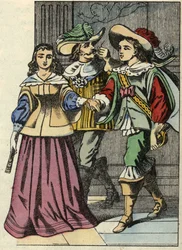 O Marquês de Carabas, a princesa e o rei no castelo. Ilustração do conto "The cat botte", de Charles Perrault