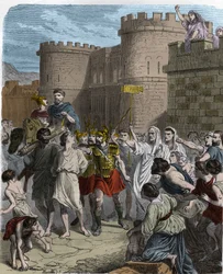 O Martírio de São Simpósio - Martírio de São Simpósio por volta do ano 180 (San Sempronio martire) (Symphorianus, Symphorien). Um homem na multidão acenando uma placa com a inscrição S.P.Q.R (SPQR) (Senatus Populusque Romanus) - em "Histoire des popes