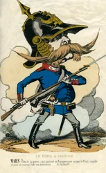 A espingarda de agulha - Retrato de Otto von Bismarck (1815-1898), chanceler da Prússia - Marte, deus da guerra, desiludido consigo próprio como prussiano, para experimentar a espingarda de agulha e pregar uma partida aos austríacos... Caricatura